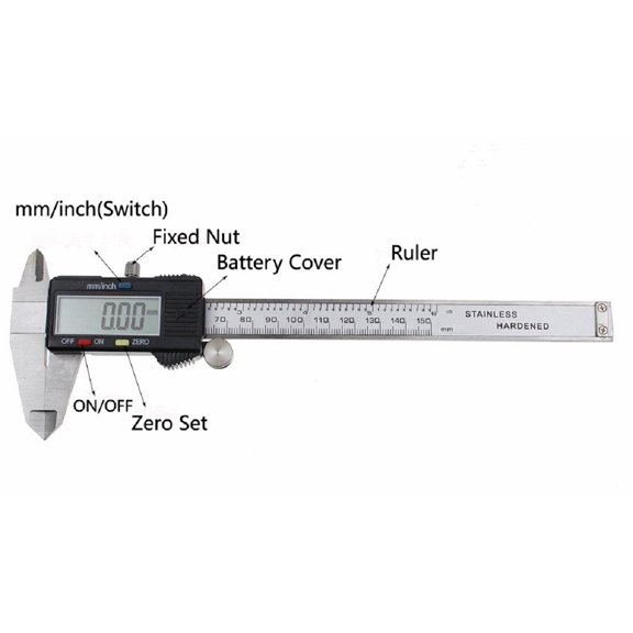 FixtureDisplays Electronic Digital Caliper Inch/Metric Conversion 0-6 Inch/150 mm Stainless Steel Body Extra Large LCD Screen Measuring Tool 16816-NF