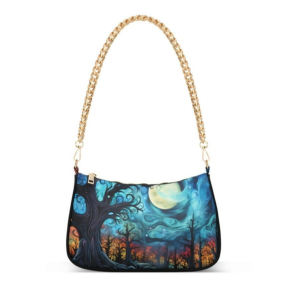 Womens Chain Shoulder Bag Blue with Tree Classic Tote Handbags Fashion Clutch Hobo Purse with Zipper for Travel Casual