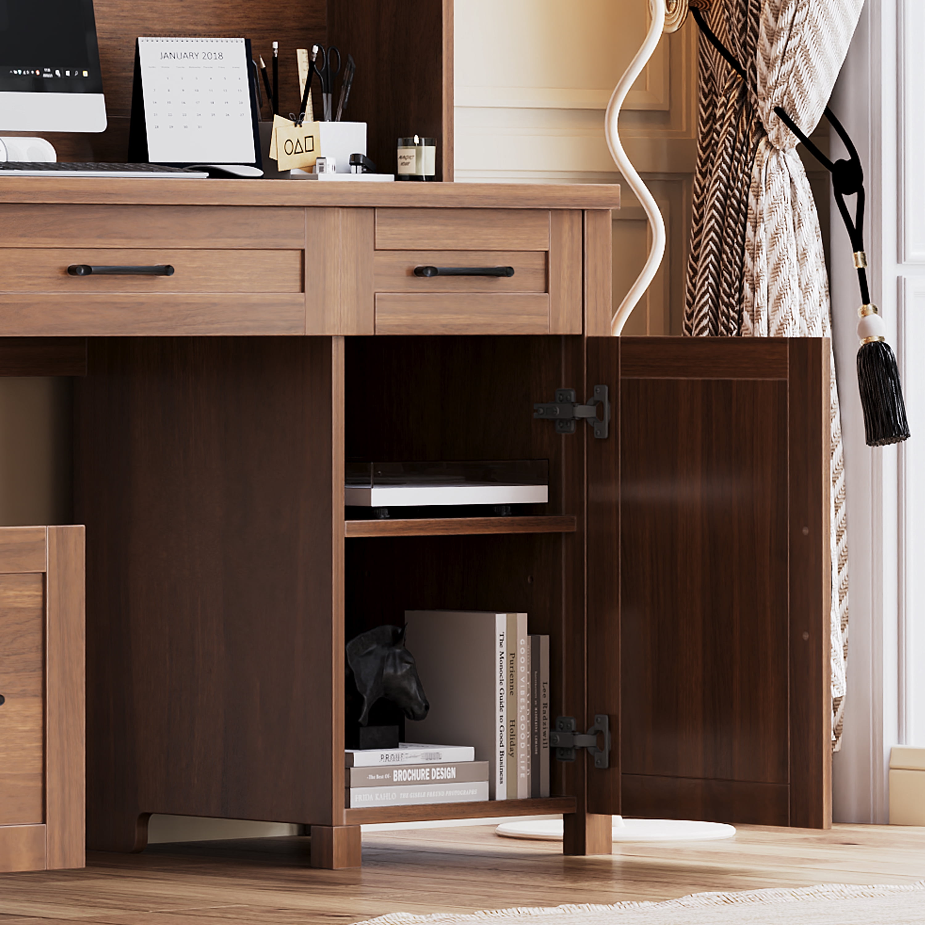 Mintazer Farmhouse Executive Desk with Storage Cabinets & Charging Station, Computer Desk with 2 Sliding Barn Doors and 5 Drawers & Adjustable Shelf for Home Office, Walnut