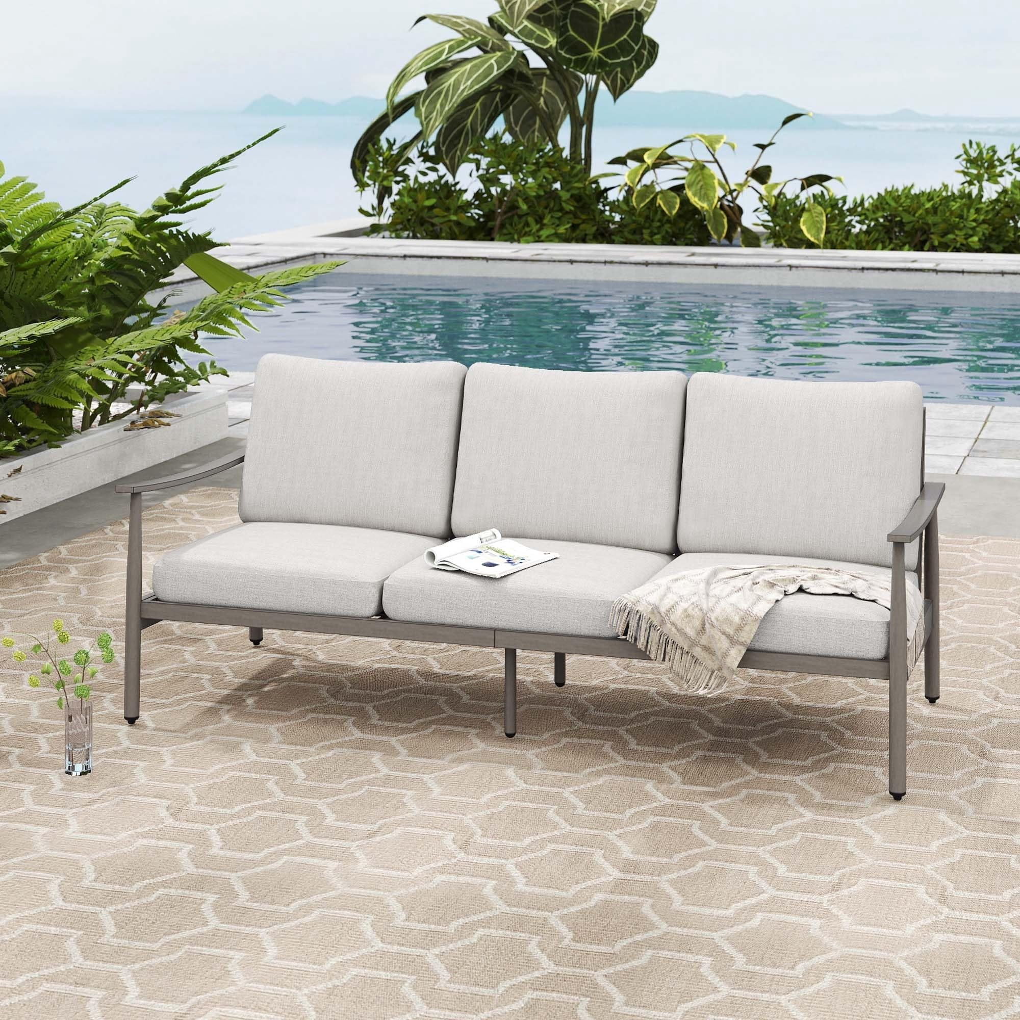 Patio Sofa 3 Seater Outdoor Aluminum Couch with Rope Backrest Thick Cushion All Weather Patio Furniture for Deck Backyard Porch, Gray
