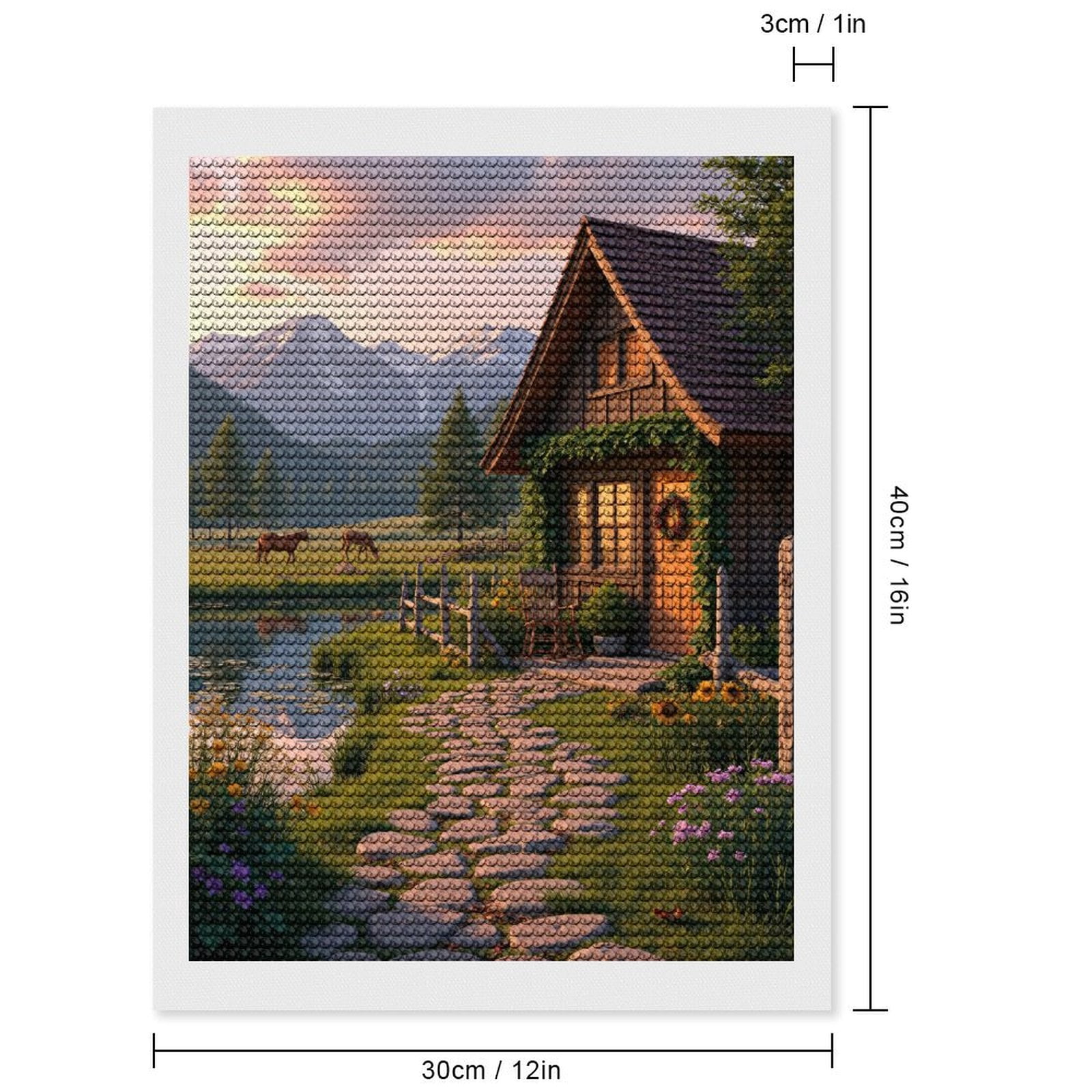 Diamond Art Kits for Adults, Mountain Cabin Pathway Horses Pond 5D Diamond Painting Kits for Adults Beginners, DIY Full Drill Diamond Painting, Gem Art and Crafts 12x16