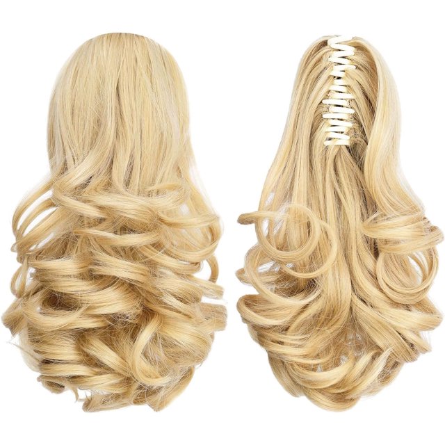 HSHDLDF Extension de Queue de Cheval, Extensions de Cheveux Griffes 12 Pouces Queue de Cheval Courte et Bouclée à Clip, Extension de Cheveux Queue de Cheval Aspect Naturel, Postiche Synthétique pour Femmes (Blond Miel Clair)
