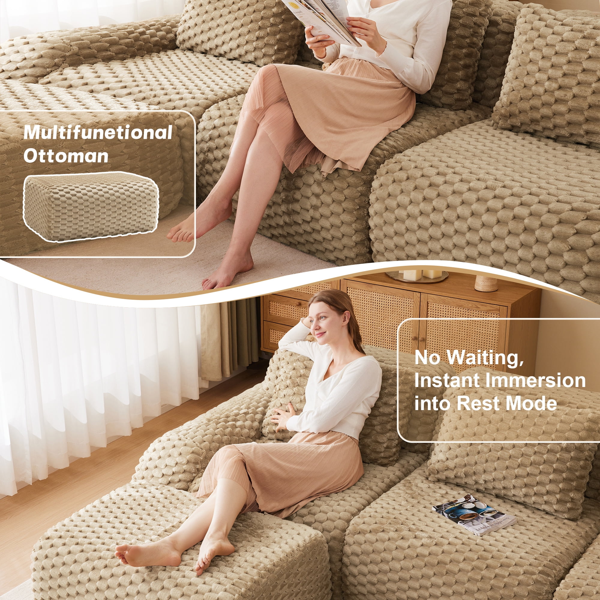 Aukfa 115" Overstuffed Cloud Sectional Sofa L shape Modular Boneless Couch for Living Room, 3 Pillows, Flannel, Camel