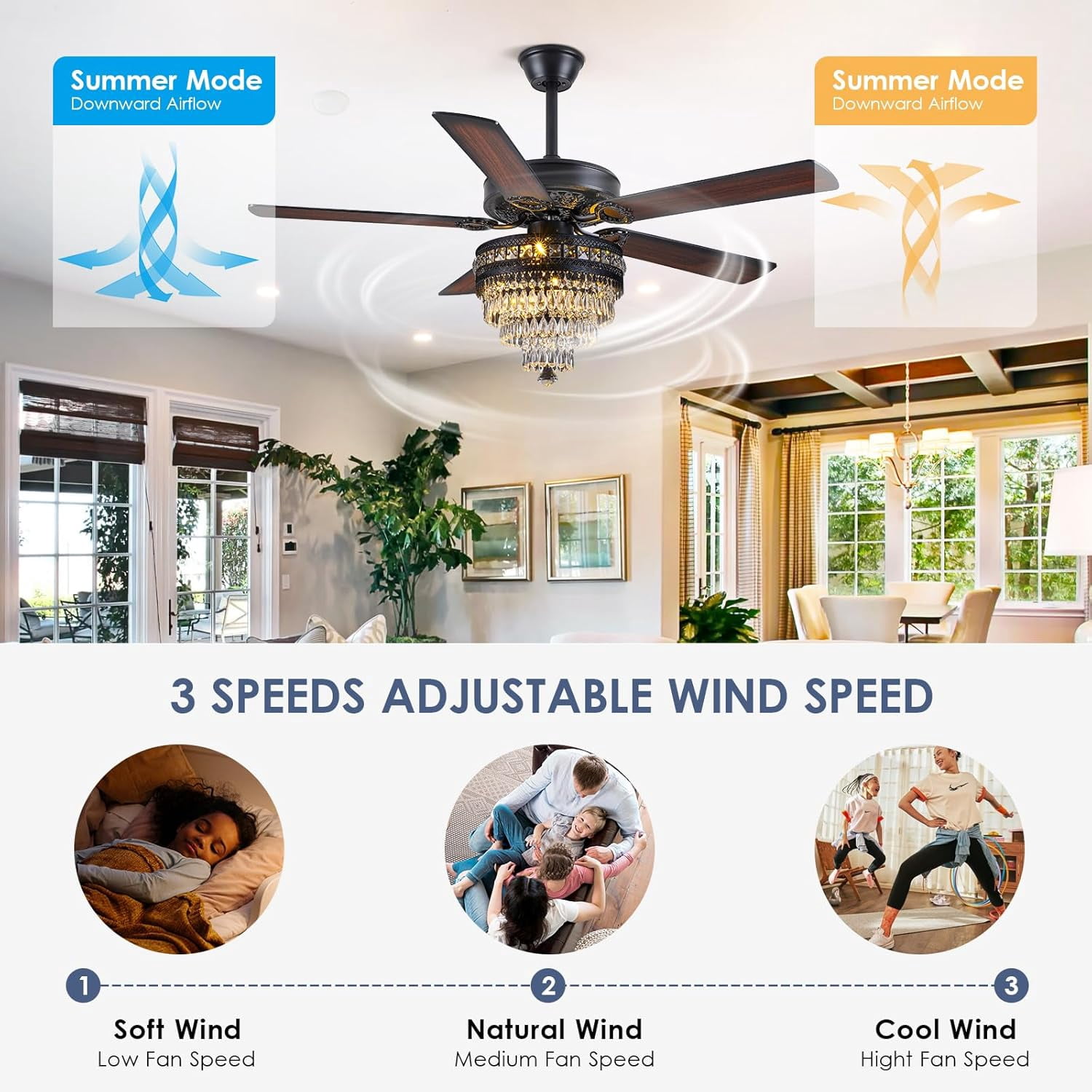 PHORUS 52'' Modern Crystal Ceiling Fan with Lights Remote Control,5 Blades Fandelier Ceiling Fan with Light,Whisper-Quiet Motor,Elegant Chandelier Fan for Living Room,Black