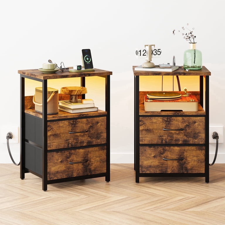 Tomnk Set of 2 Nightstands with Charging Station, Rustic Brown photo 1