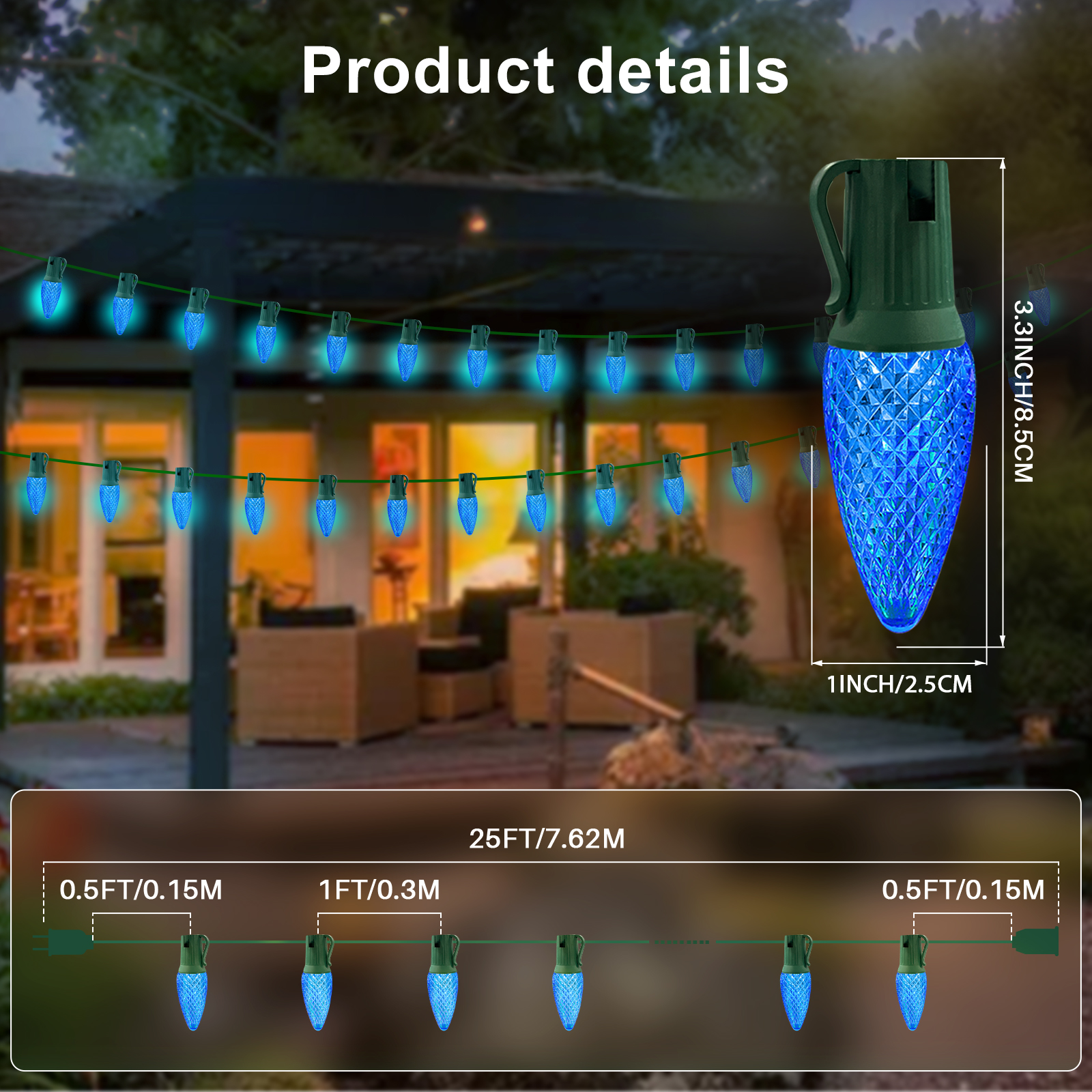 LAMPHOME Blue C9 Christmas String Light Outdoor, 25FT Shatterproof LED for House Rooflines & Pathways, Connectable Waterproof Vintage Christmas Light for Tree, Yard, Patio, Porch, Garden