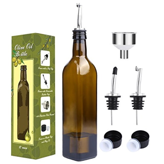 2 Pack 17oz/500ml Glass Oil & Vinegar Cruet with 4 Pourers Green Funnel and Labels 2 Caps Olive Oil Dispenser Bottle Set Olive Oil Glass Container Bottle for Kitchen 