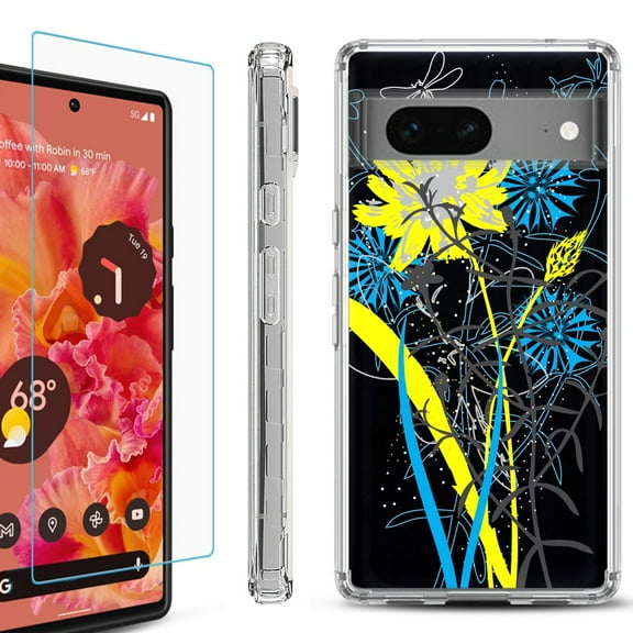 OneToughShield ® for Google Pixel 7a Shockproof Bumper Phone Case, with Tempered Glass Screen Protector - Wild Flowers
