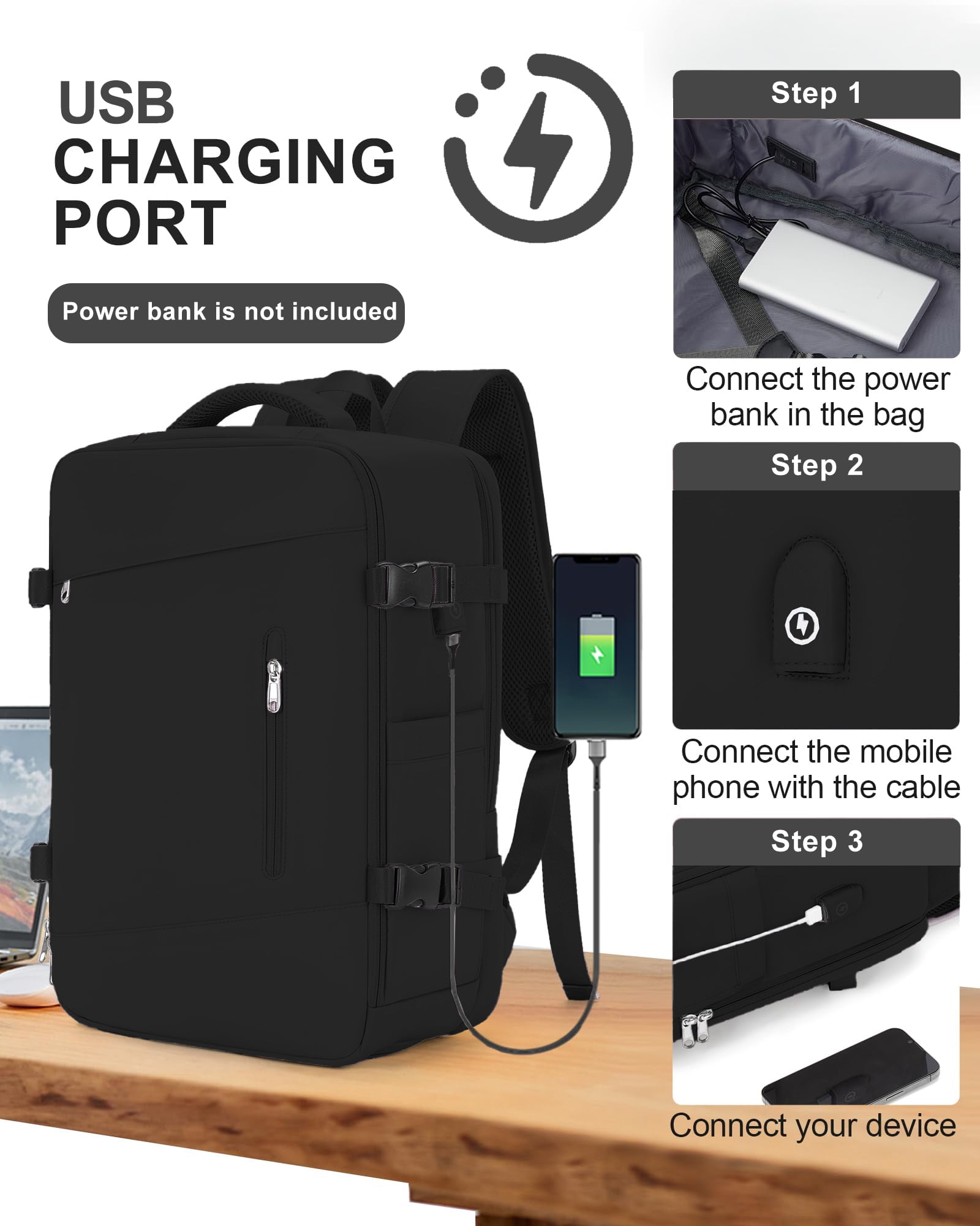 DAKIMOE Large Travel Backpack for Adults Carry on Laptop Backpack Flight Approved Waterproof College Bag with USB Charging Port & Shoe Pouch Casual Daypack for Women Men for Weekender Business, Black
