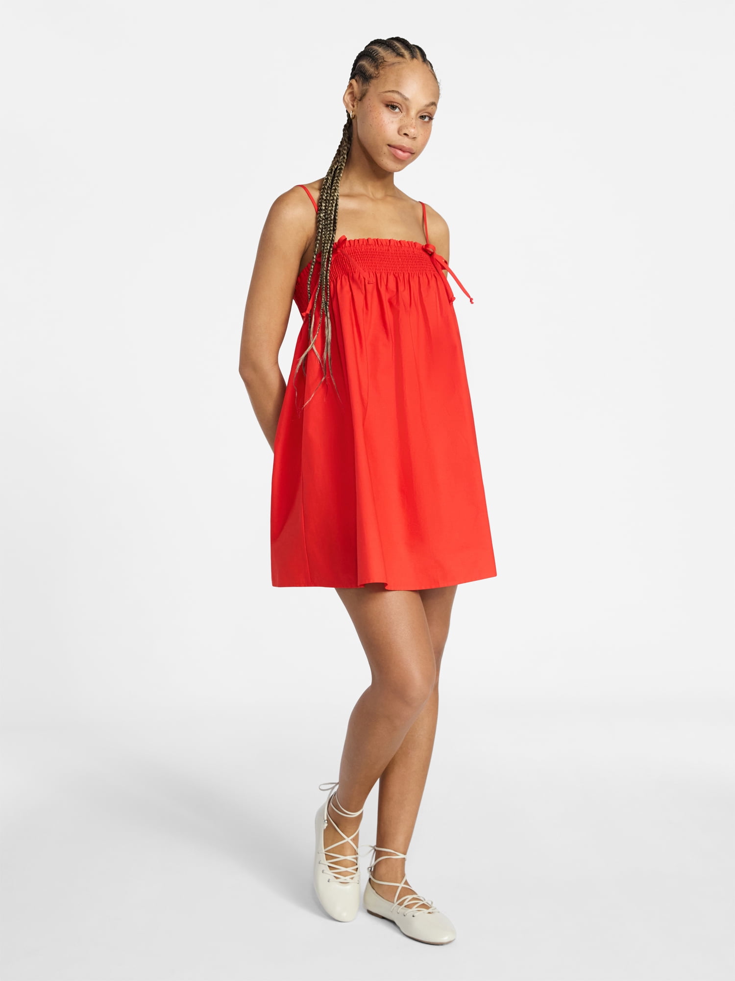 No Boundaries Cotton Poplin Smocked Mini Dress with Tie Straps, Women's XXS-XXL