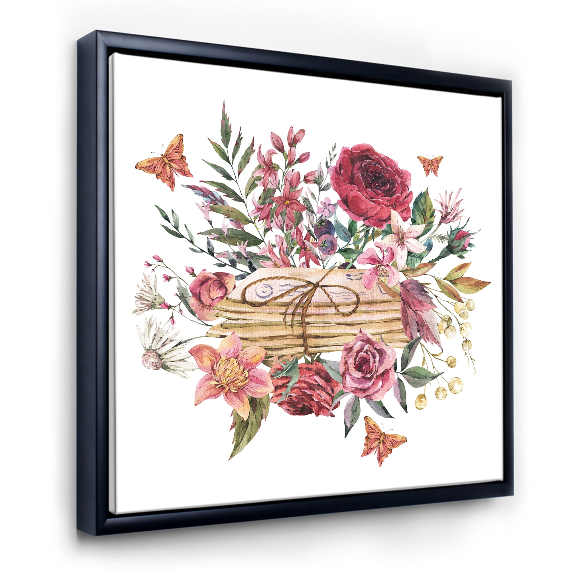 Wildflowers With Vintage Old Letters 30 in x 30 in Framed Painting Canvas Art Print, by Designart