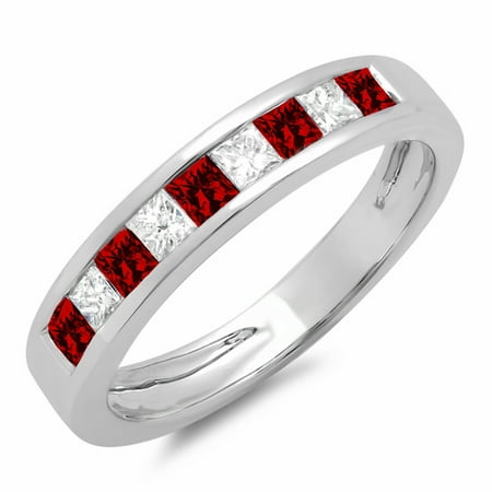 Cut Diamond Ring Band - 10K Gold Princess Cut Garnet & White Diamond Ladies Anniversary Wedding Band Stackable Ring