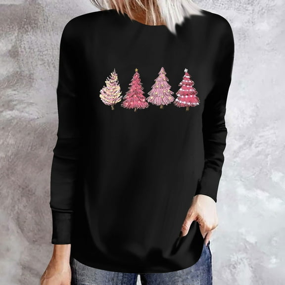 VgaVtl Womens T Shirts Cotton Christmas Long Sleeve Women's Plus Size Tops Casual Holiday Christmas Tree Layering Tops,Black XL
