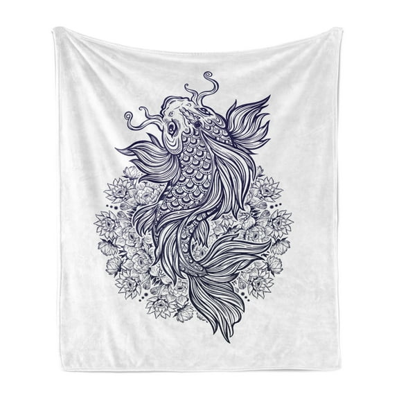 Koi Fish Soft Flannel Fleece Throw Blanket, Koi Carp Fish Hand-drawn in Dark Blue with a Lotus Flower Mandala Print, Cozy Plush for Indoor and Outdoor Use, 50" x 60", Indigo and White, by Ambesonne