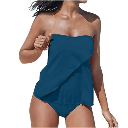 Dezsed Two Piece Bandeau Tankini Swimsuits for Women Loose Blouson Swim Top with Bikini Bottom Tummy Control Bathing Suits Swimwear Clearance Dark Blue XXXXL