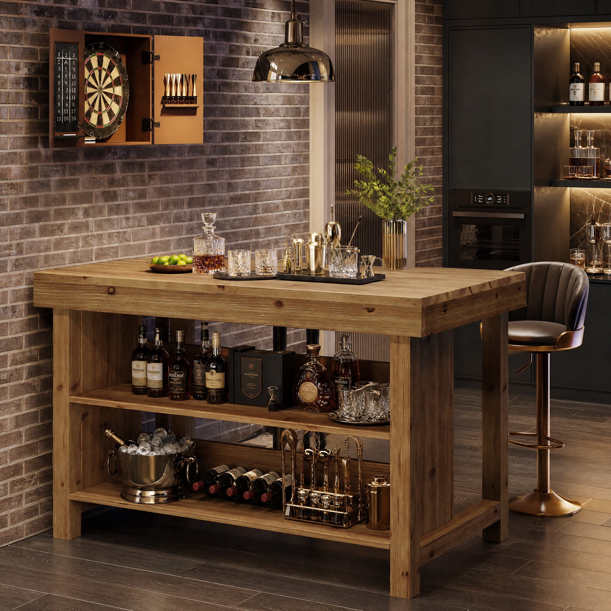 Fnova 55" Solid Wood Bar Cabinet, 3-Tier Farmhouse Home Bar Unit with Open Storage Shelves for Dining Room, Living Room, Basement, Brown