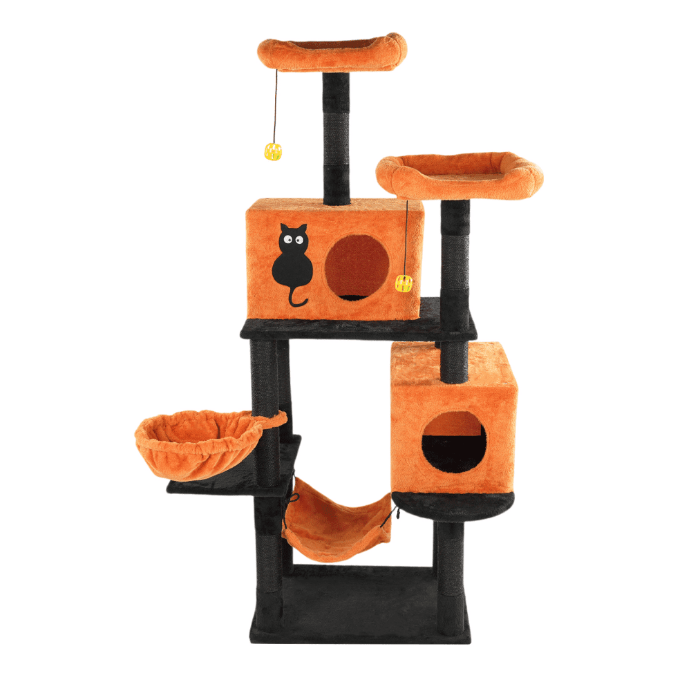 Tcbosik Halloween Cat Tree, 61" Cat Tower with Cat Condos, Padded Perches and Hammocks, Multi-Level Cat Activities Furniture with Scratching Posts and Hanging Balls, Orange & Black