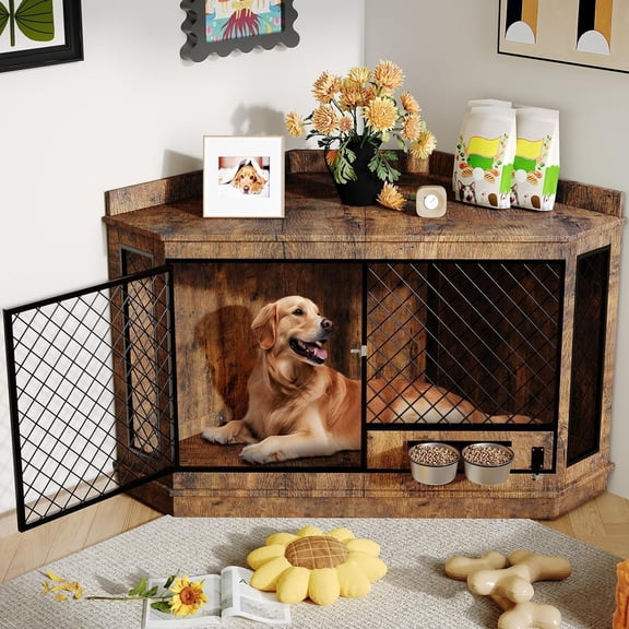 51.3" Corner Dog Crate Furniture with 360° Rotating Feeder,Wooden Dog Kennel End Table, Decorative Pet Crate Indoor Use for Small Medium Dog, Space-Saving Dog Cage for TV Stand