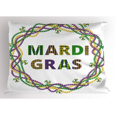 Mardi Gras Pillow Sham Vivid Beads Circular Frame With Lettering