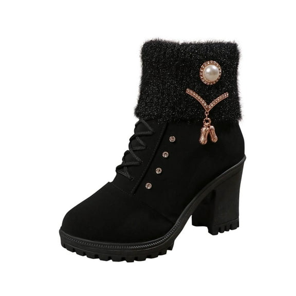 Black Women Warm Ankle Boots Round Toe Side Zipper Platform Block Heel For Winter Comfort Wear