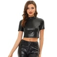 thumbnail image 1 of Top corto metalizado de manga corta con cuello alto para mujer Negro XL, 1 of 5