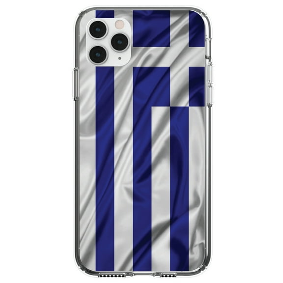 DistinctInk Clear Shockproof Hybrid Case for iPhone 13 (6.1" Screen) - TPU Bumper, Acrylic Back, Tempered Glass Screen Protector - Greece Waving Flag