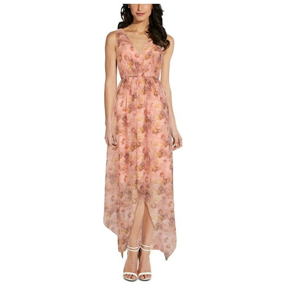 Adrianna Papell Womens Pink Zippered Tie High to Low Hem Floral Sleeveless V Neck Maxi Party Empire Waist Dress Plus 22W