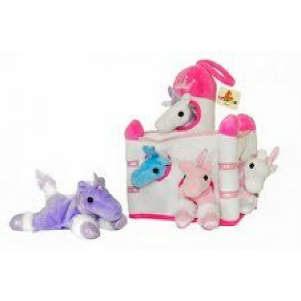 Plush Unicorn Castle with Animals - Five (5) Stuffed Animal Unicorns in  Play Carrying Castle Case - White