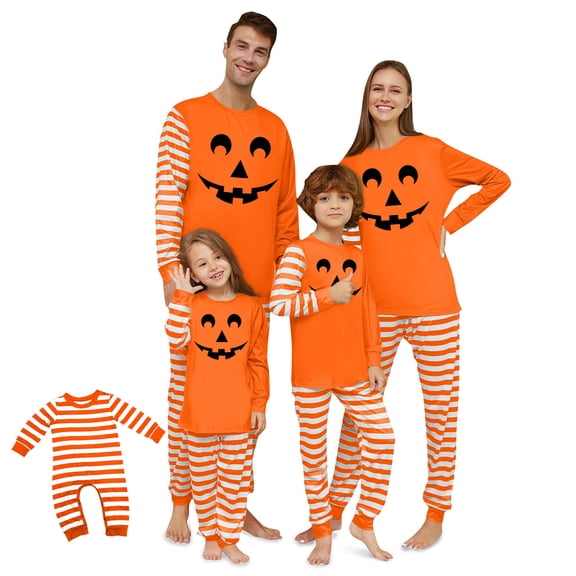 Onlypjs Family Matching Halloween Pajamas Set, Pumpkin Face Sleepwear Outfits for Men Women Couples, Orange Long Sleeve Tops with Stripe Pants Cozy Halloween Loungewear