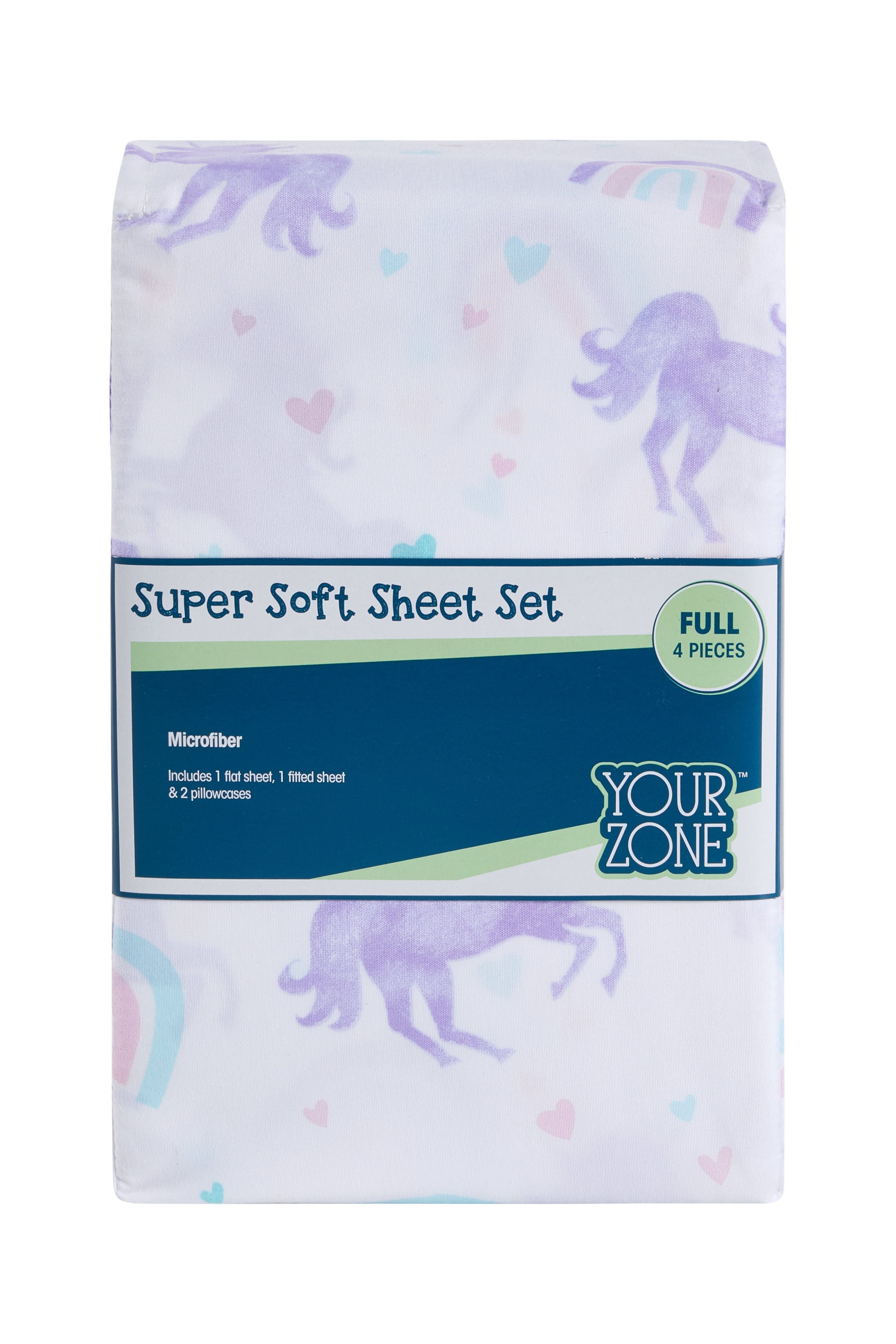 Your Zone Kids Super Soft Microfiber Sheet Set Full, Purple Unicorn, 4 Piece