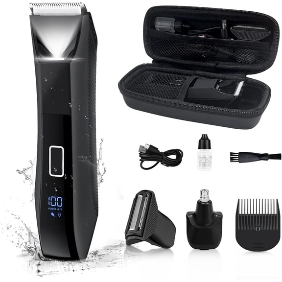 Trimmer for Men, Groin & Hair Trimmer, Ball Foil , Nose Hair Clippers, 3 in 1 Men's Wet/Dry Groomer with Travel Case &Travel Lock, Display, Black