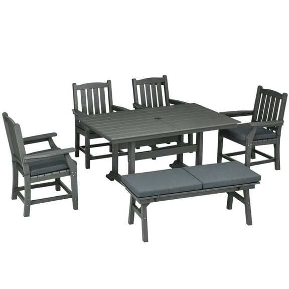 Outsunny Outdoor Dining Set, Patio Table and Chairs Set of 6, Conversation Furniture with Armrests, Loveseat Bench, Umbrella Hole, Cushions