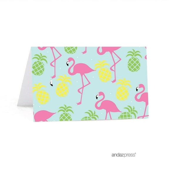 Birthday Printable Table Tent Place Cards, Pink Flamingo and Pineapple Party, 20-Pack
