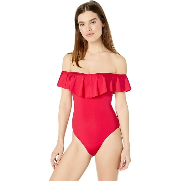 Trina Turk Women's Off Shoulder Ruffle One Piece Swimsuit, red//Getaway Solids, 2