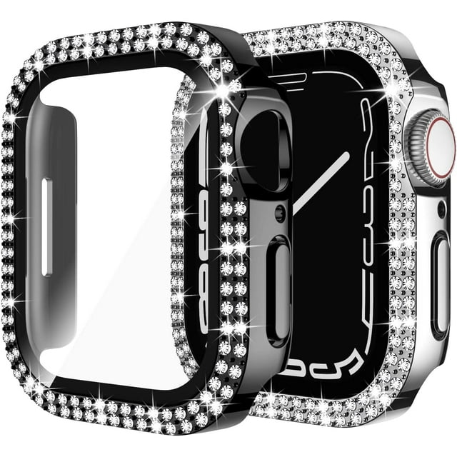 2-Pack Bling Case Compatible for Apple Watch 40mm Series 6/SE/Series 5/Series 4 with Screen Protector PC Shockproof Diamond Rhinestone Bumper Face Cover for iWatch Women (40mm, Black/Silver)