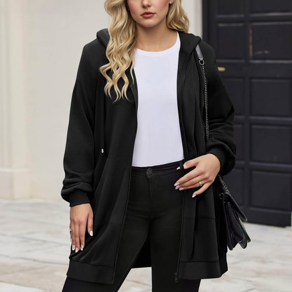 Qetyuw Long Hooded Jackets for Women Plus Size Long Sleeve Open Front Cardigans Coat Solid Color Casual Jacket Outwear