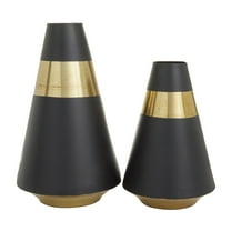 DecMode 14", 11"H Black Metal Vase with Gold Band, Set of 2