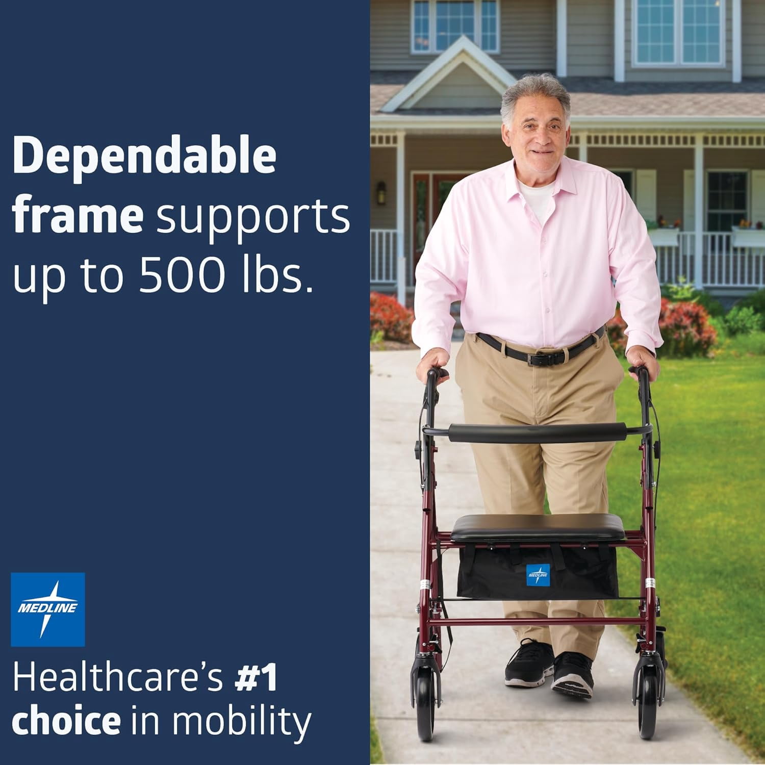 Medline Rolling Walker, Folding Rollator with Seat and 8-In Wheels, Heavy Duty, Burgundy, 500-lb Capacity, Steel