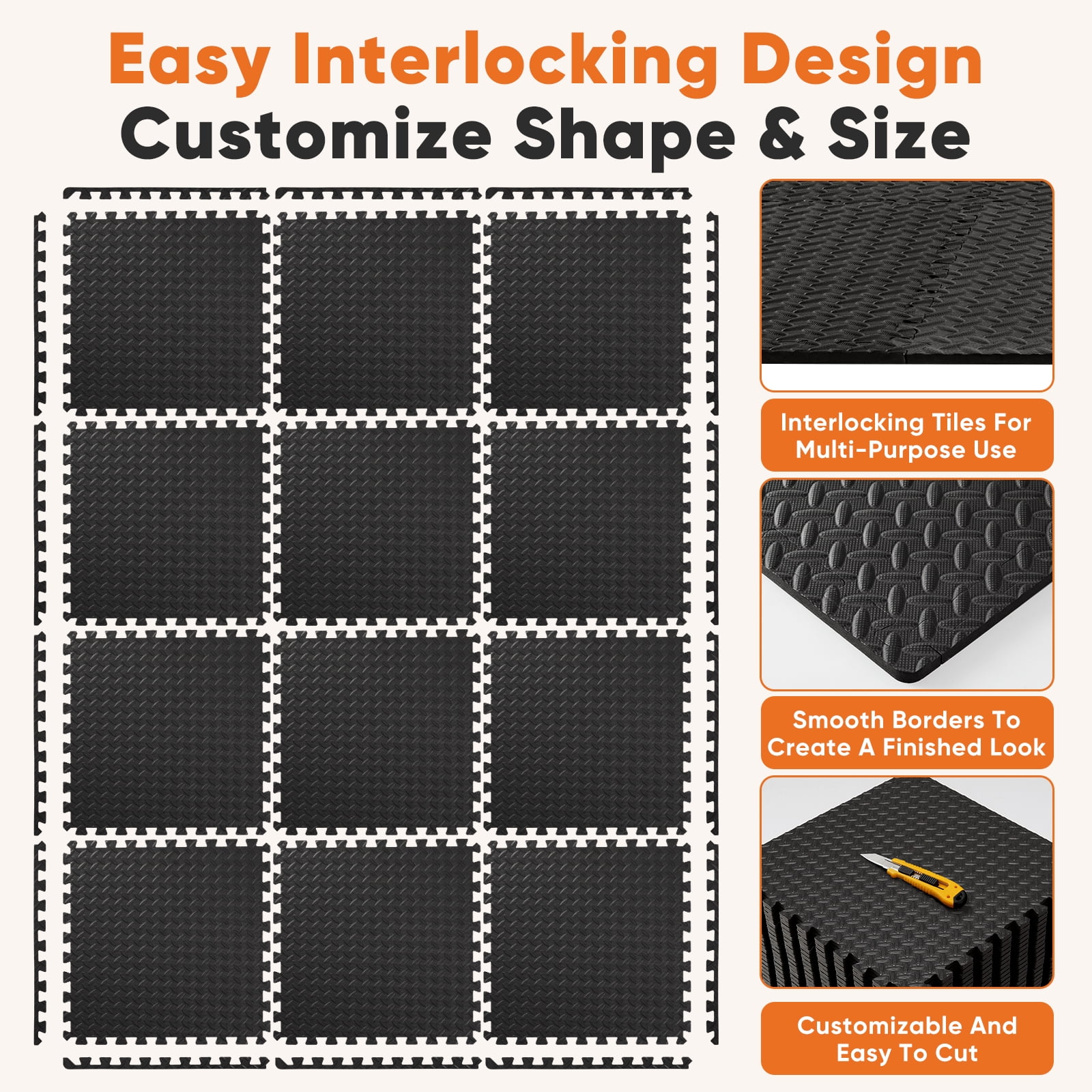 EDX 24 inch EVA Foam Tiles, 36P Puzzle Exercise Mat for Home Gym & Floor Padding, Black