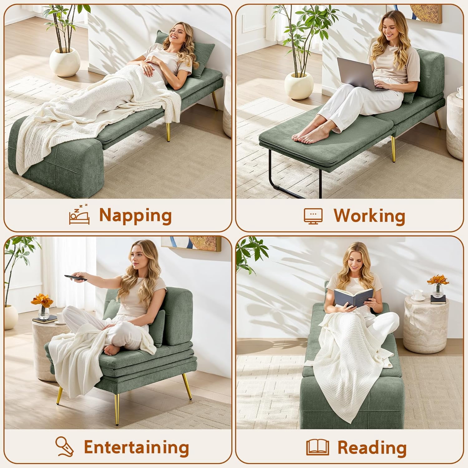 Akaber 3-in-1 Futon Sofa Bed, Chenille Sleeper Chair with Back Support & Pillow, Wood Frame, Metal Legs