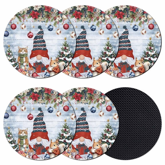 Christmas Coasters Set of 6, Absorbent Coasters for Drinks, Gnomes Poinsettia Snow Pine Tree Wooden Grain Coaster for Desk Coffee Table Protection, Home Decor House Warming Gifts 4"