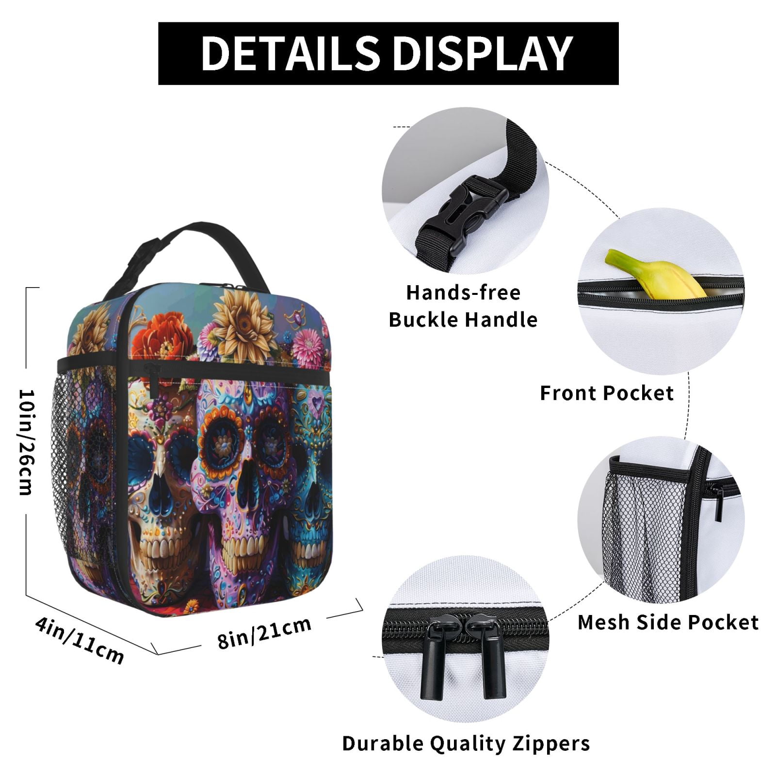 Lunch Bag For Women Men Insulated Portable Lunch Box Bento Box Office Picnic Travel Cooler Bag Festive Sugar Skulls (1)
