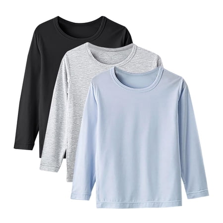3 Pack Tshirts for Boys Girls Long Sleeve Soft T-shirts Cotton Multipack Kids Solid Color Fall Spring Base Tees (6 Years Black|Gray|Blue)