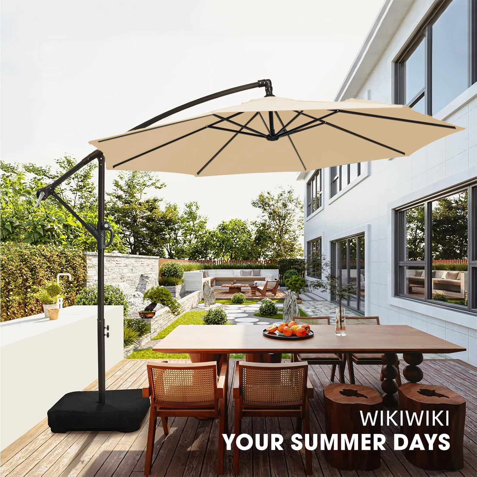 wikiwiki 10ft Patio Umbrella with Base Included, Outdoor Offset Cantilever Umbrella with Sandbag Base for Backyard, Garden and Pool, Easy to Tilt and Crank, Beige