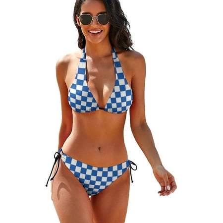 CROPD Womens Sexy 2 Piece Bikini Set Checkered Halter Padded Top Tie Side Bottom Swimsuit