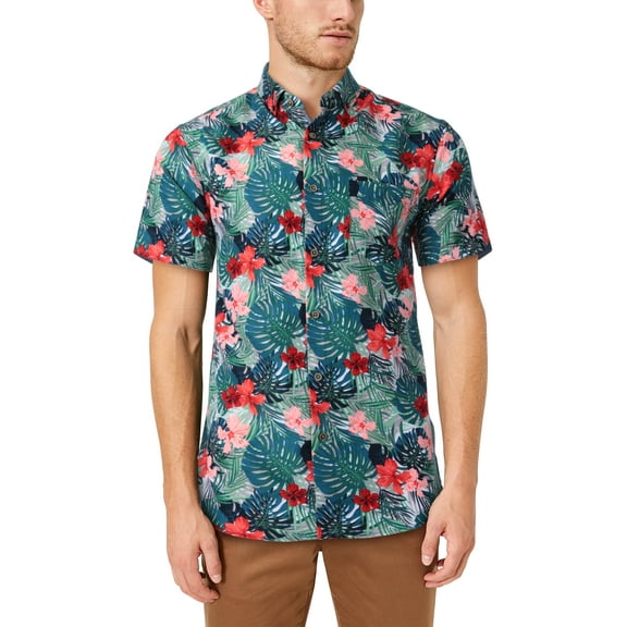 Ma Croix Mens Lightweight Hawaiian Tropical Print Button Down Shirt