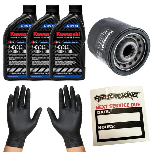 Arbor King 20W50 Oil Change Kit for Kawasaki FX820V FX781V EVO (3) 99969-6298 (1) 49065-0724 (1) Service Reminder Decal (1) Set of Gloves