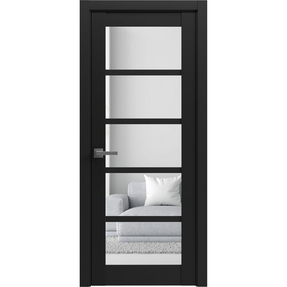 Solid Interior French Pre-Hung Door | Quadro 4522 Matte Black with Clear Glass | Single Regular Panel Frame Trims Handle | Bathroom Bedroom Sturdy Doors -18" x 84"
