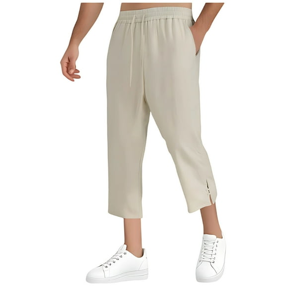 lulshou Men's Cropped Casual Pants with Drawstring Waist , Multi-Functional Beach Light Yoga Trousers for Men, Elastic Ankle-Length Short Long Pants, Khaki, XXL