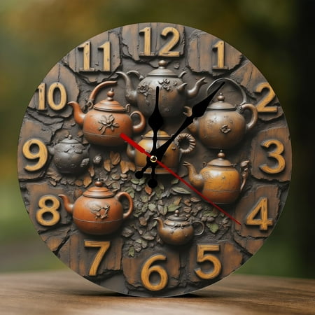 Wall Clock Decorative - Rustic Brown Teapots Print 2D Vintage Wall Clocks Battery Operated Silent Non-Ticking for Bedroom, Living Room, Kitchen, Office, Classroom, 10 Inch